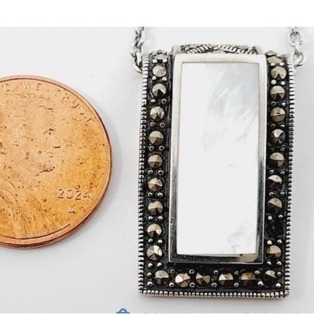 925 Sterling Silver Art Deco Mother-of-Pearl & Marcasite Pendant + Necklace VTG